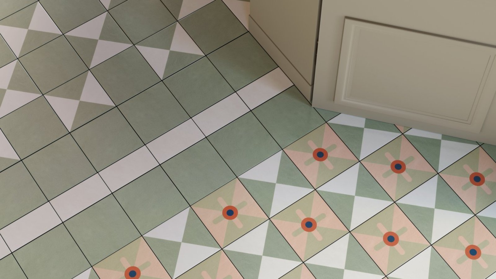 Courtyard-style floor of mixed Mattonelle Margherita patterns by Mutina