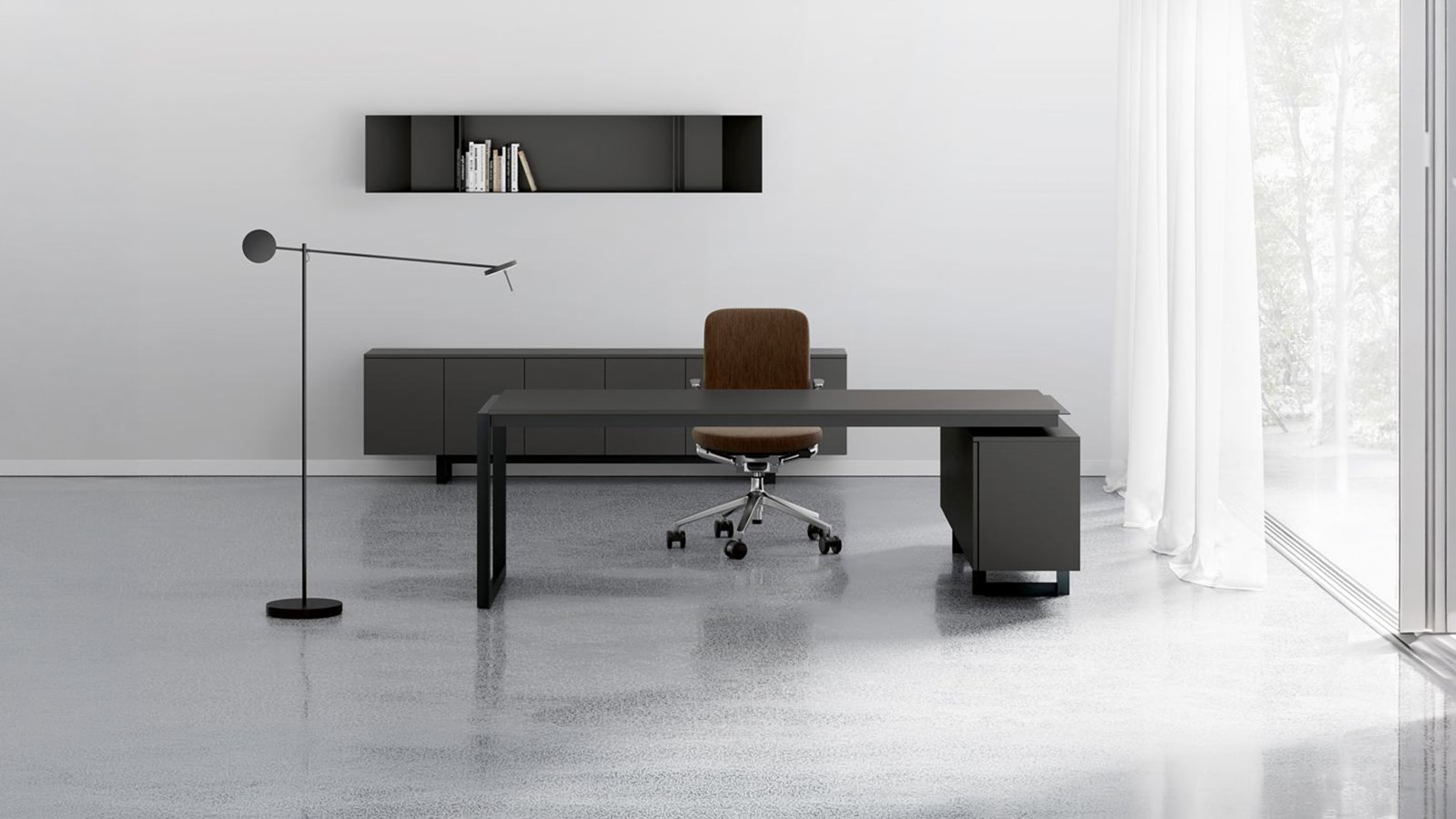 Modern office tables Ellan by Archiutti with light oak top and white iron frame