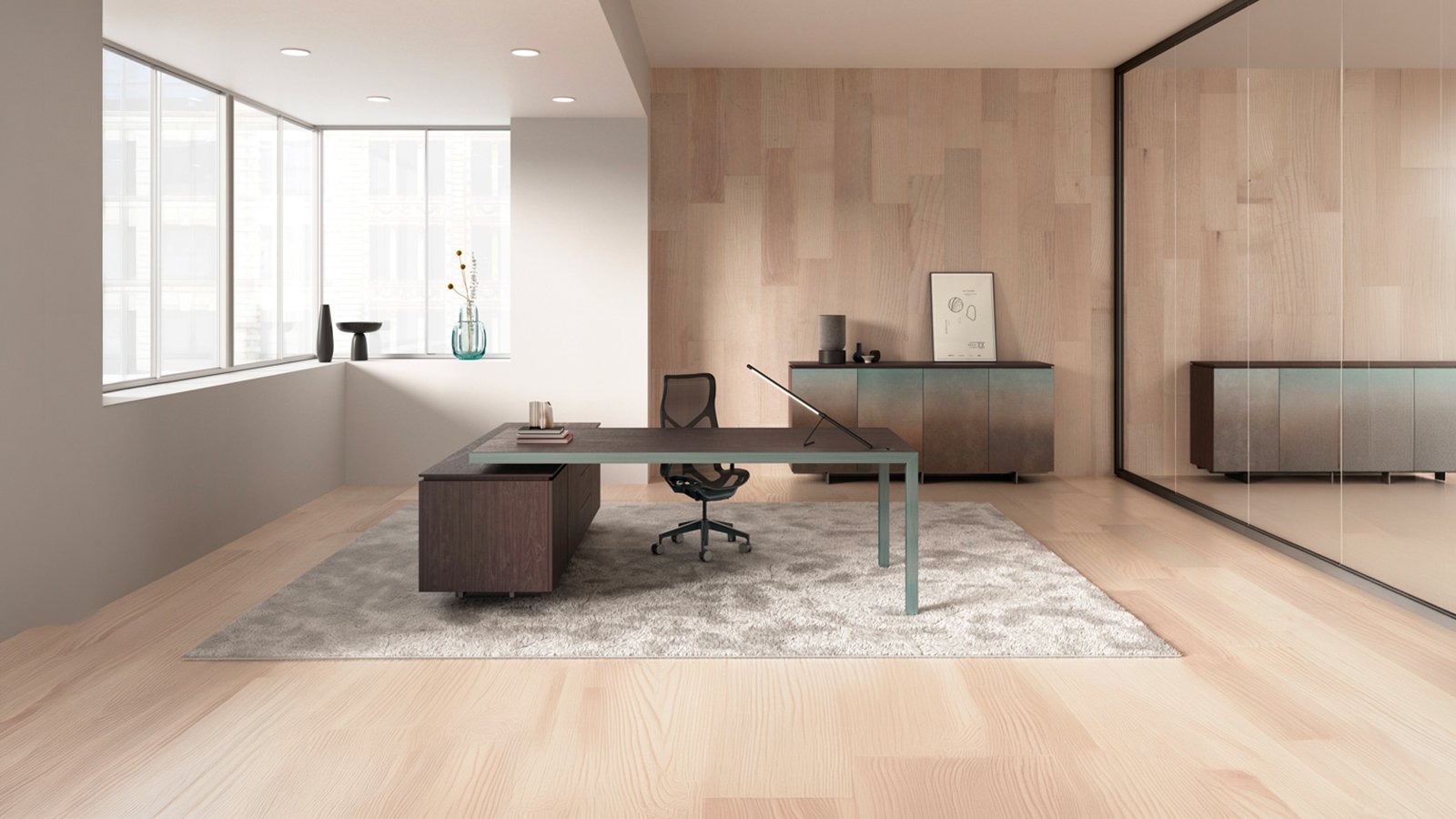 Fattore Alpha director table by Archiutti with cooked oak top and black frame