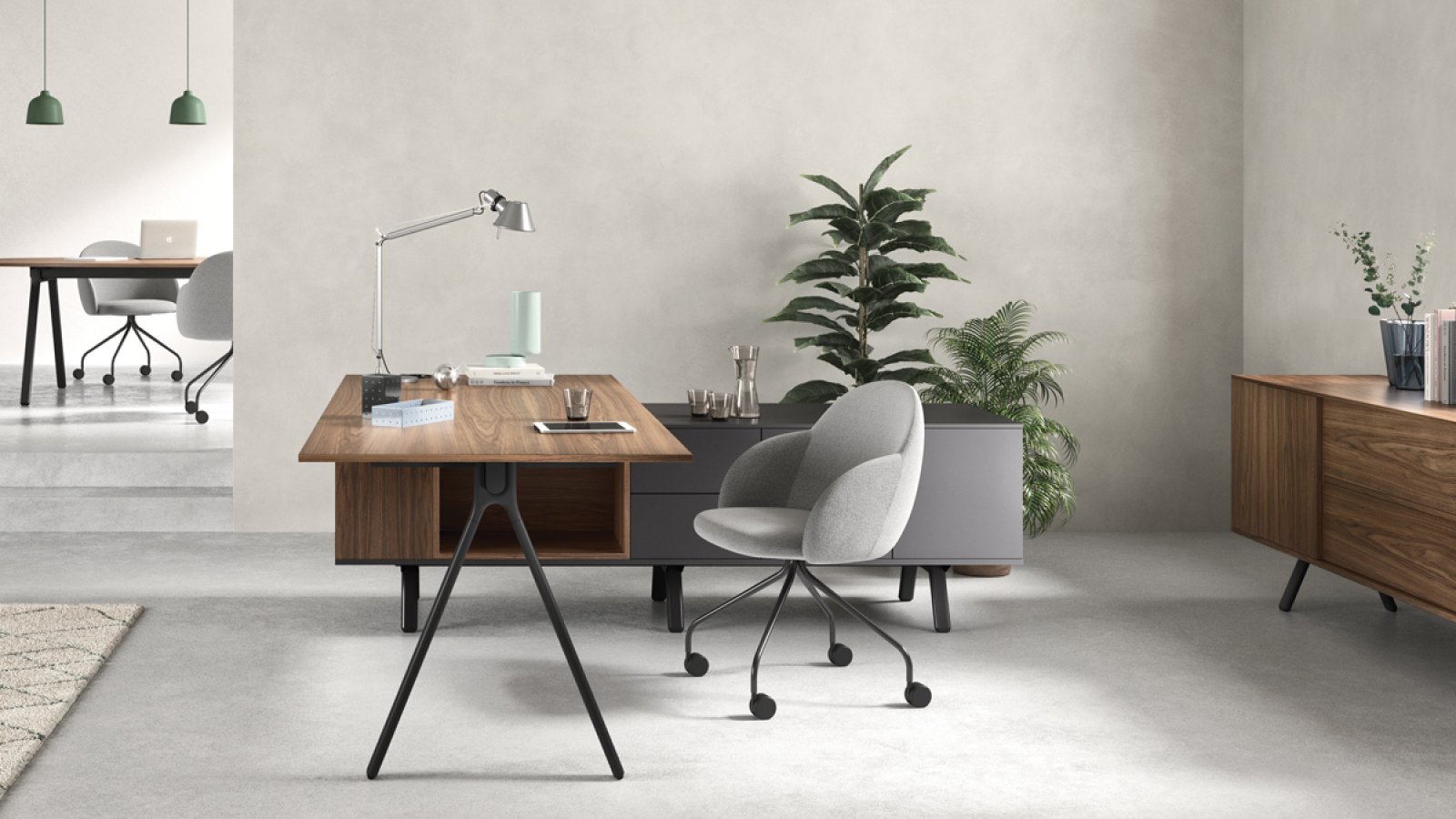 Designer office tables Lay by Archiutti with light grey tops and red frame
