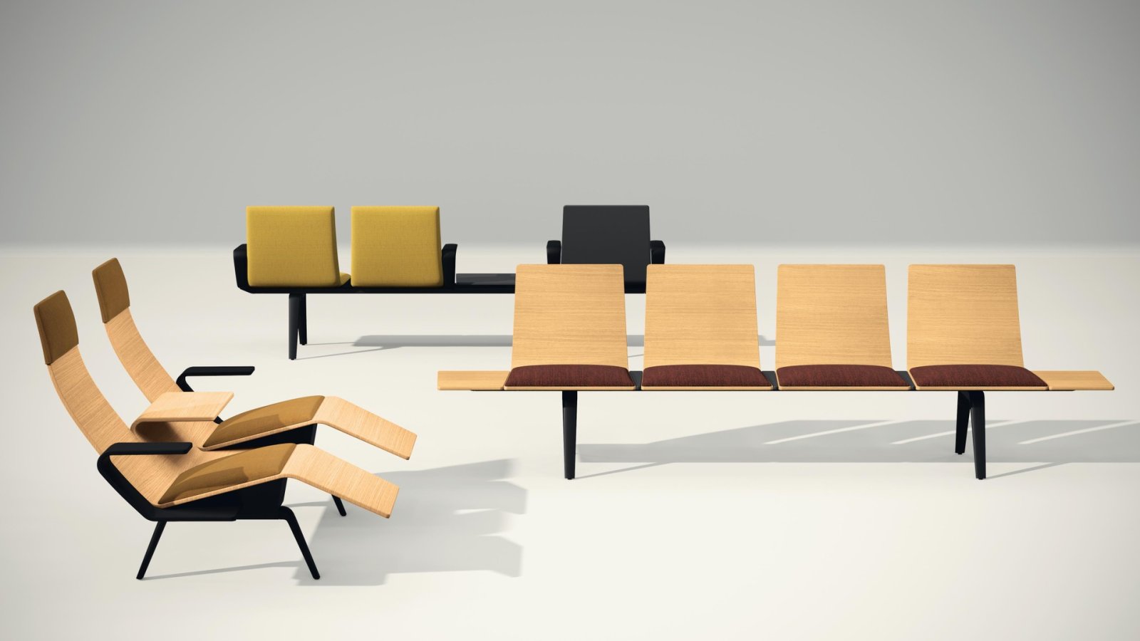 Pausit bench by Arper configured with four units in an office reception