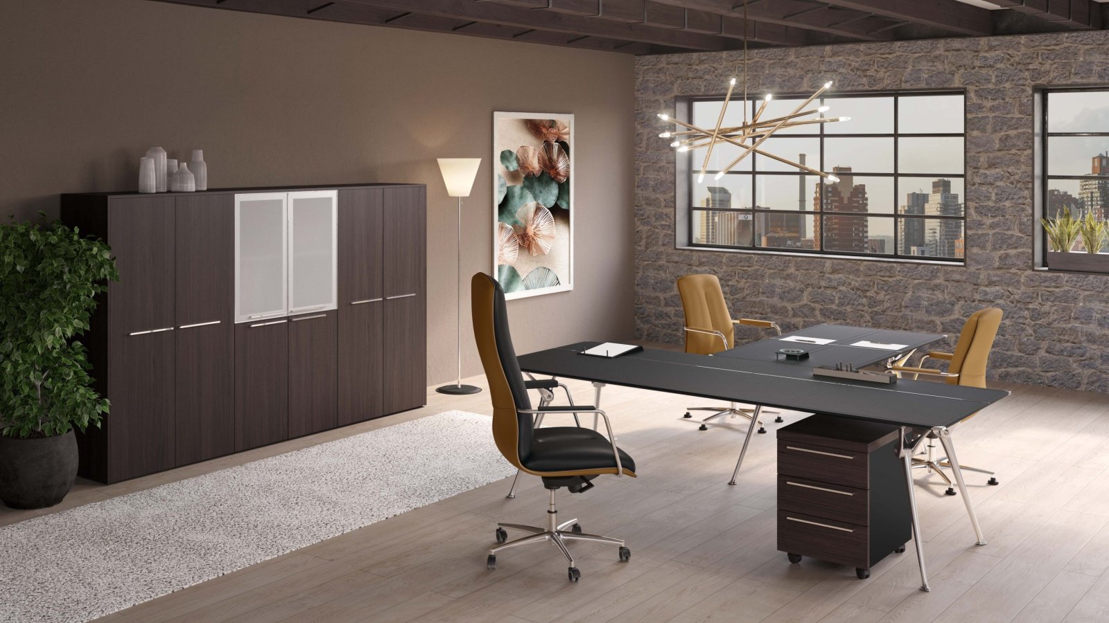Designer office table Genesis by Codutti in tempered glass on three cast-aluminium legs
