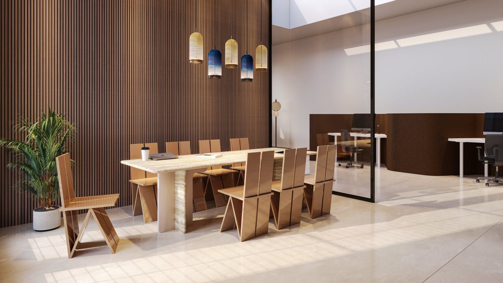 Ginza Tower by Codutti: a 145 cm chest with seven push-pull drawers beside the conference table