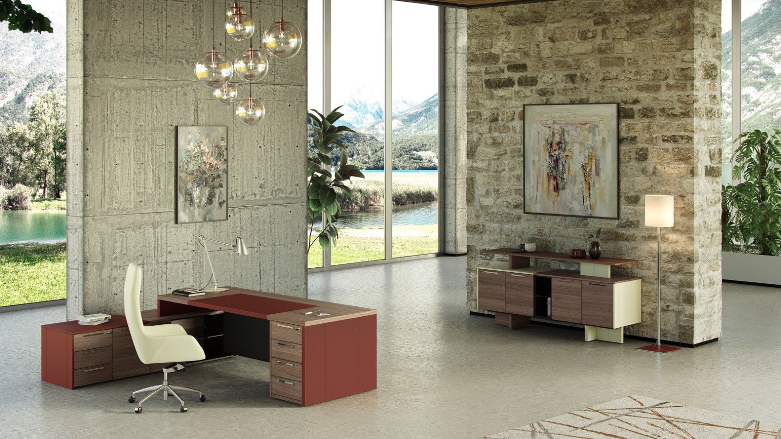 Luxury executive table One by Codutti in natural walnut with hide sides and glass top