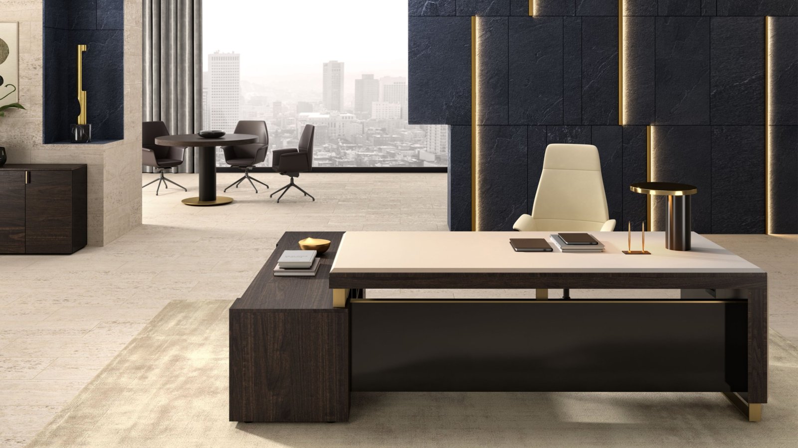 Modern executive office table I Rovereschi by Della Rovere, Narciso version in chocolate oak