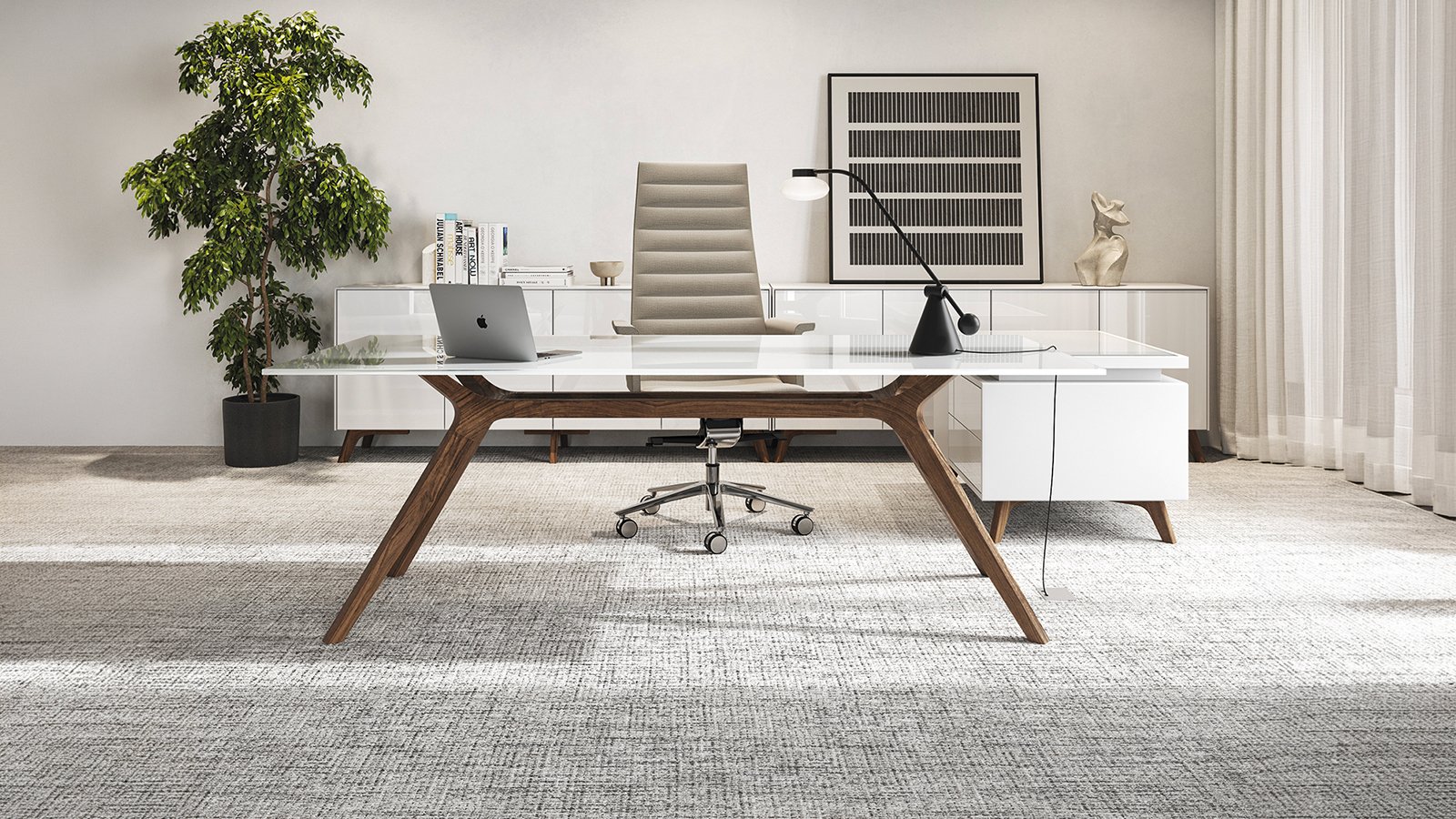 Designer office table DR by Frezza with solid wood frame and walnut top