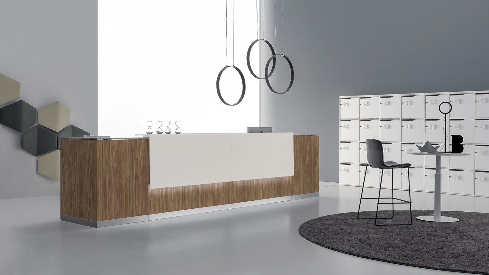 Qubo reception desk by DVO Office in natural oak with white counter top