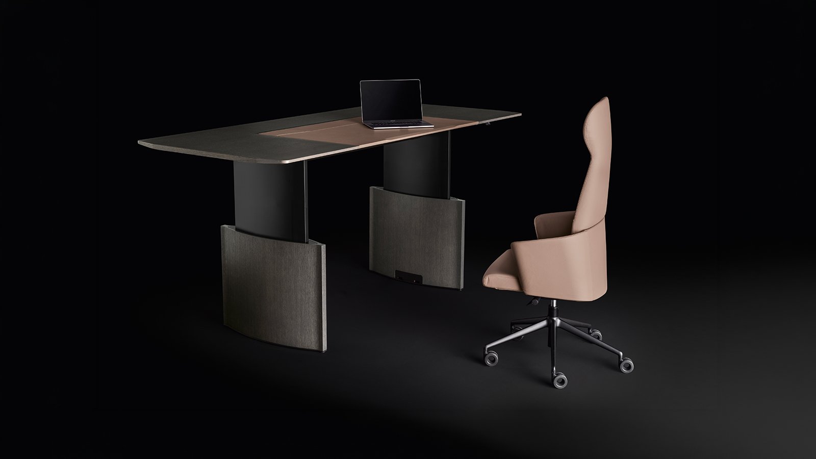 Eleva executive table by Bralco in oak with stitched leather writing zone