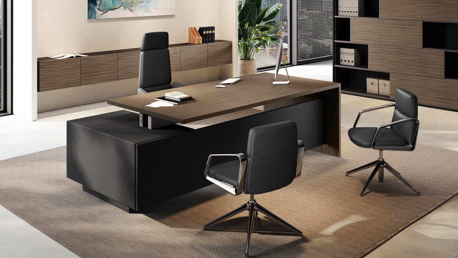 Elite executive cabin by Las Mobili and Progetto CMR — table, storage and boiserie in one code