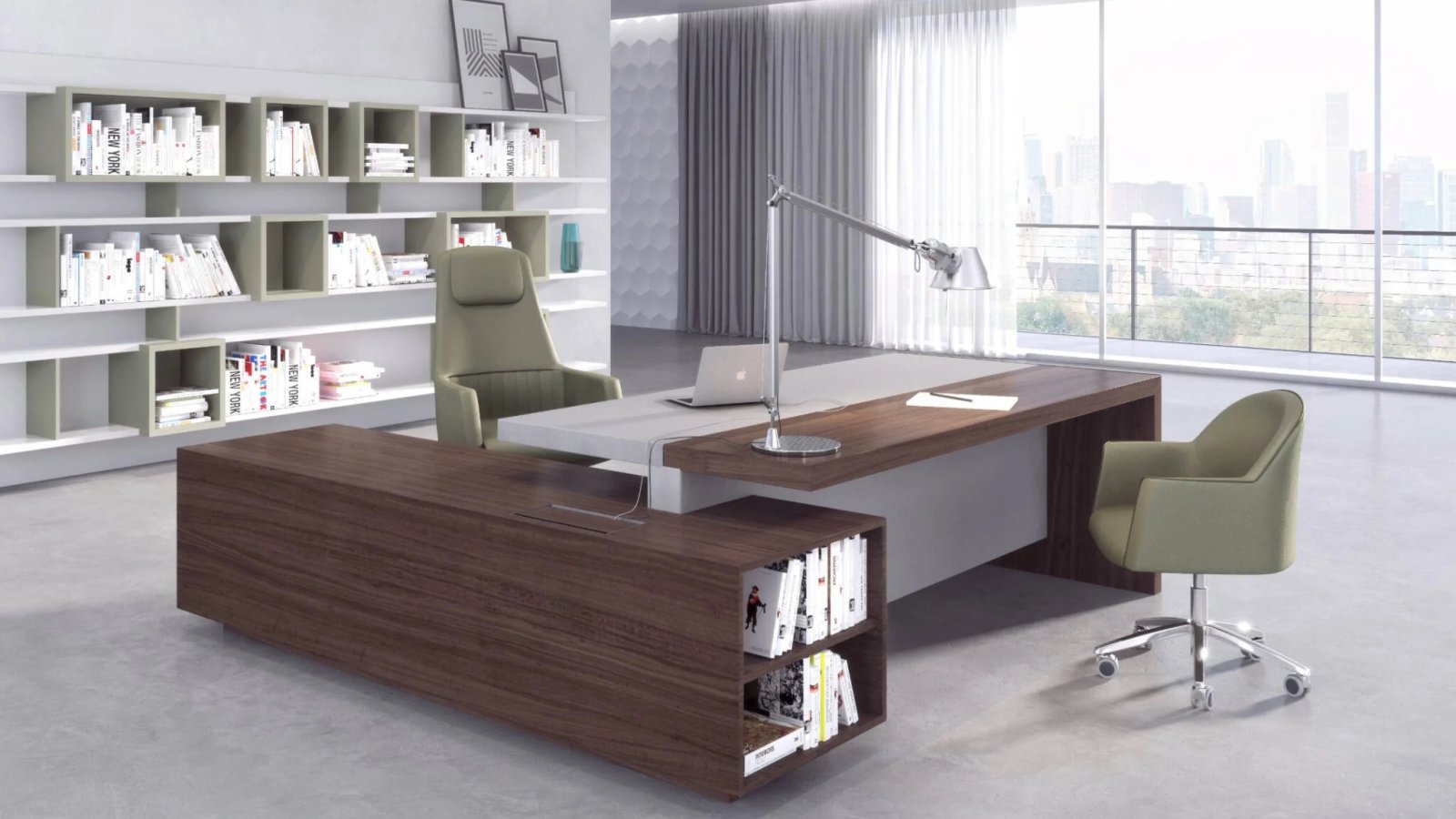 Ducale executive table by Estel with the service unit across the end and shelving behind