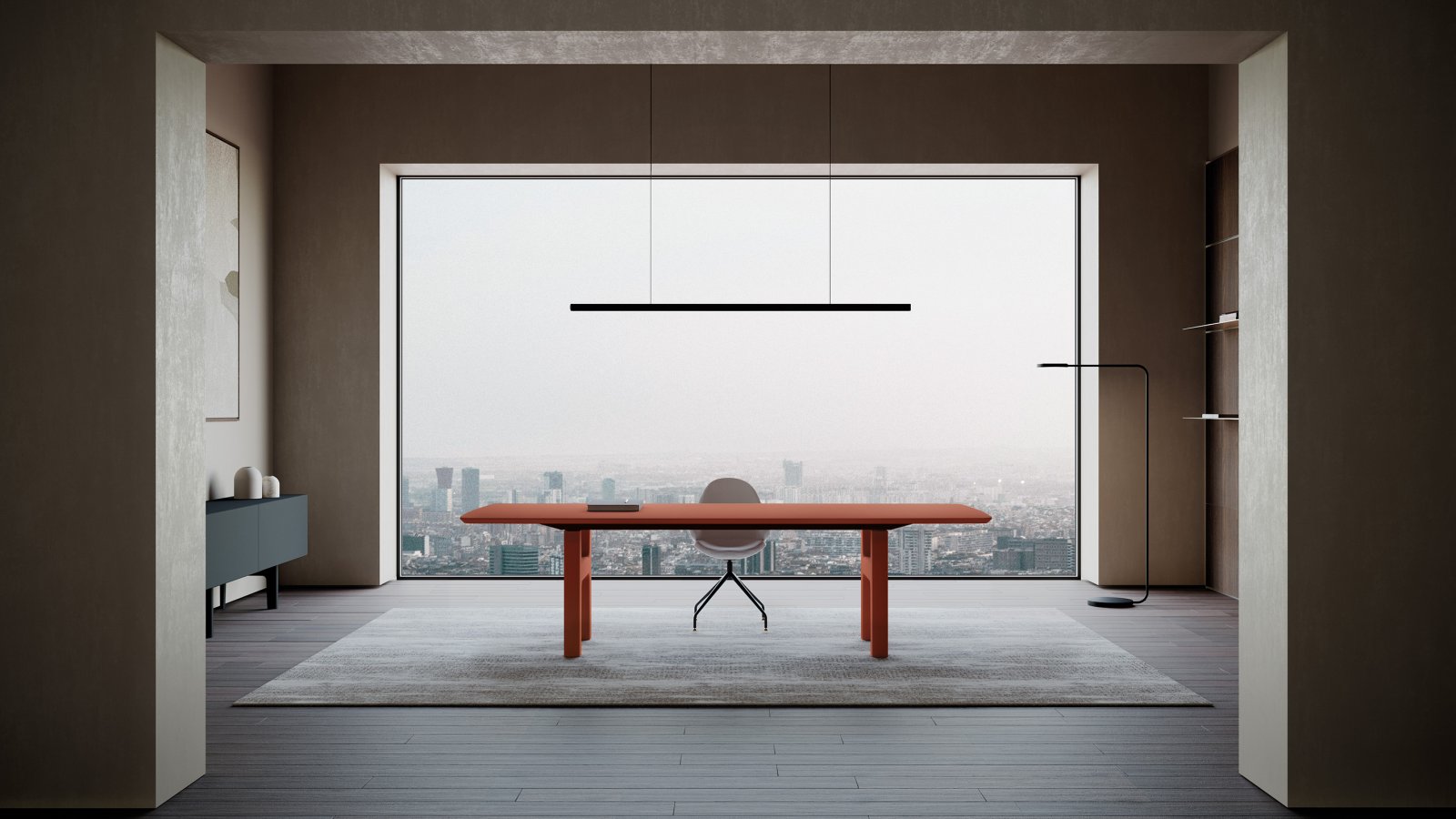 Hito executive desk by IVM Office set at standing height in a director cabin interior