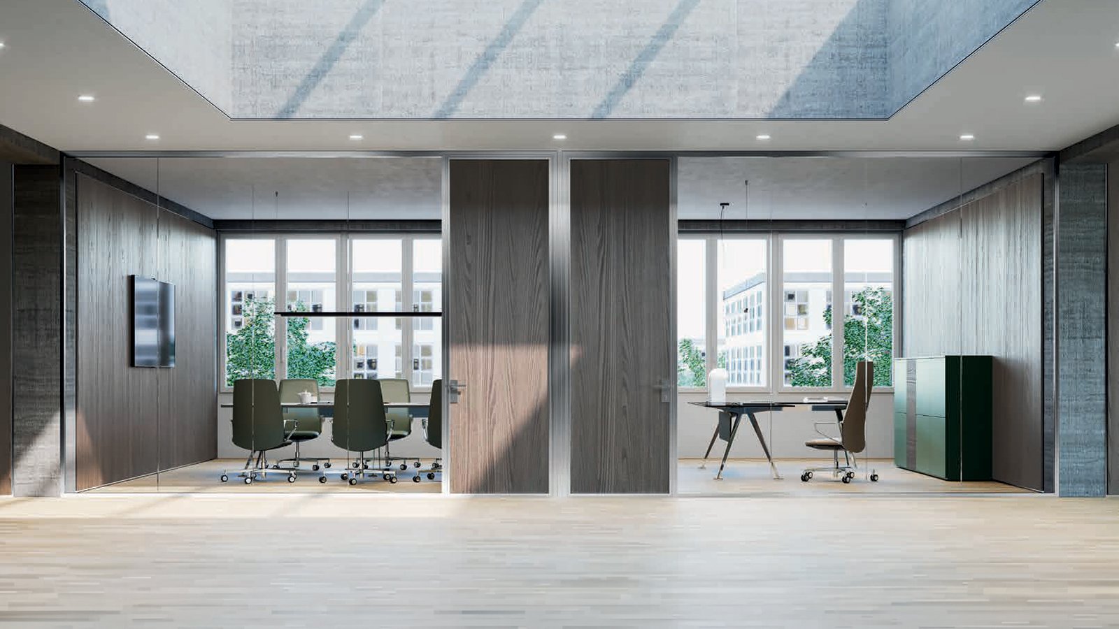 K42 glass partition wall by Frezza forming a full height cabin front