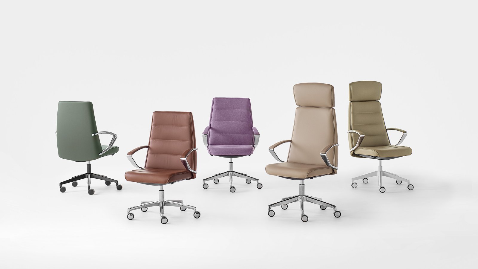Klivia by Kastel, high-back boss chair covered in taupe faux leather, director’s table