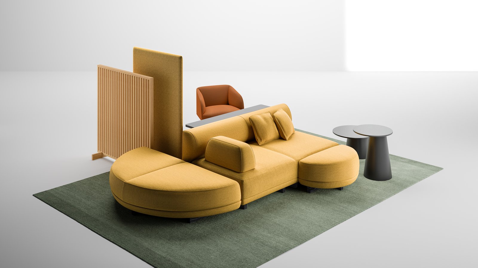 Node+ island seat of 180 × 180 cm with padded backrests in a reception hall