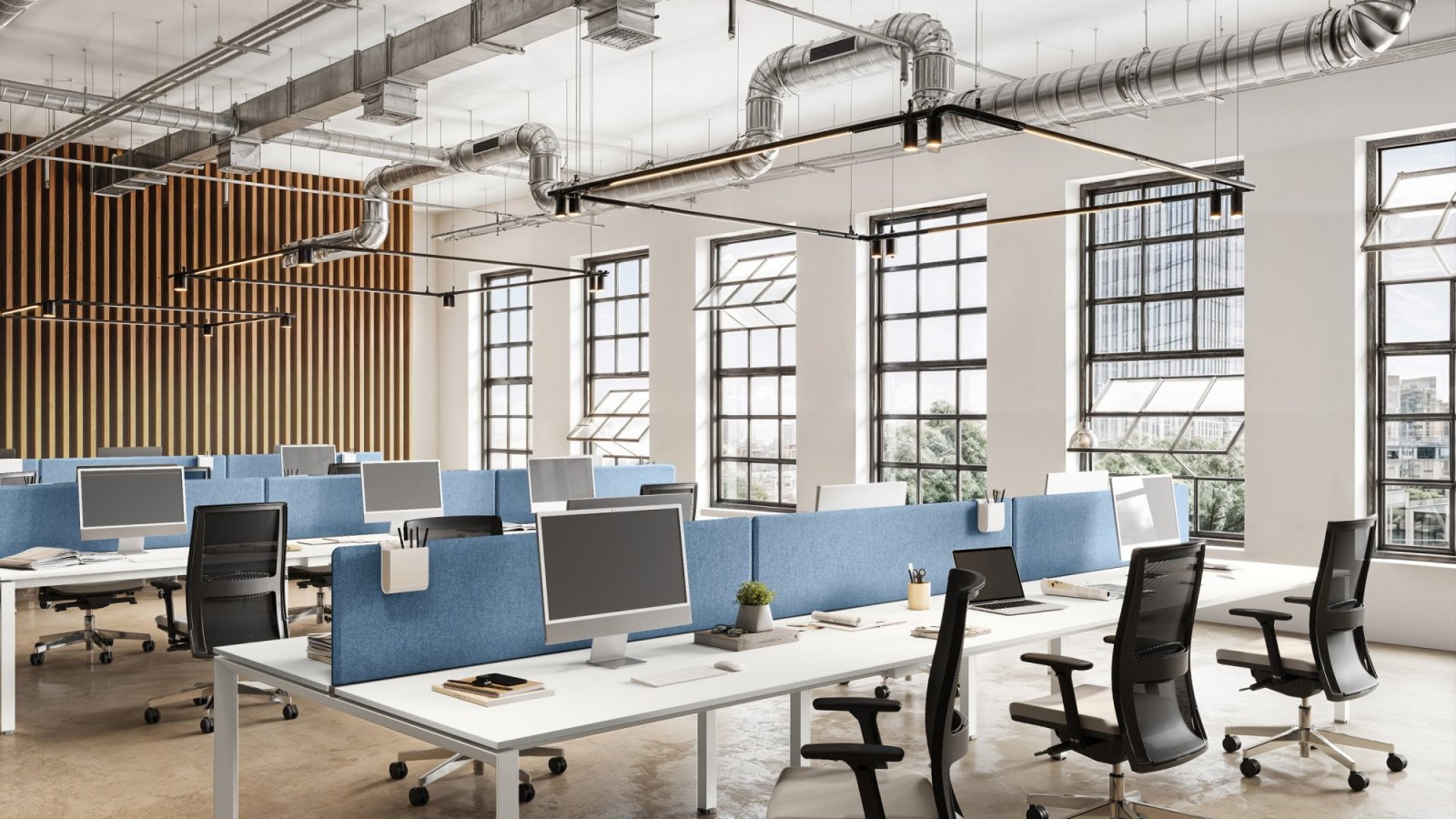 5th Element single desk on inclined gantry legs