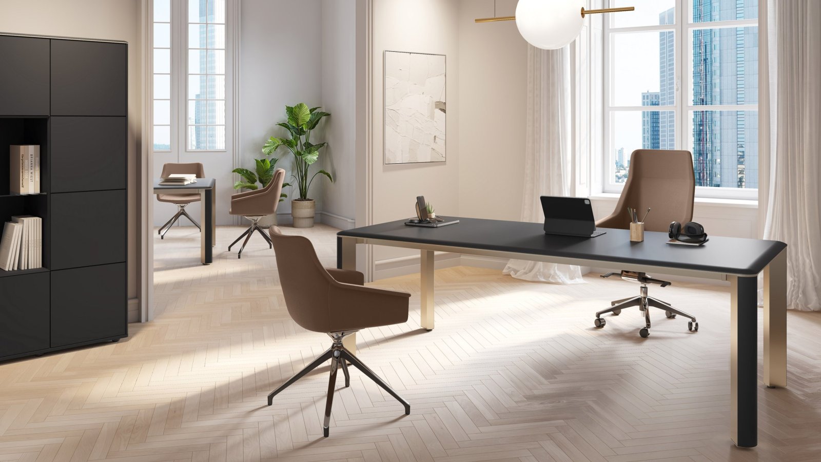 Iulio modern executive table by Las Mobili with Inox Grey aluminium legs and wood-effect insert