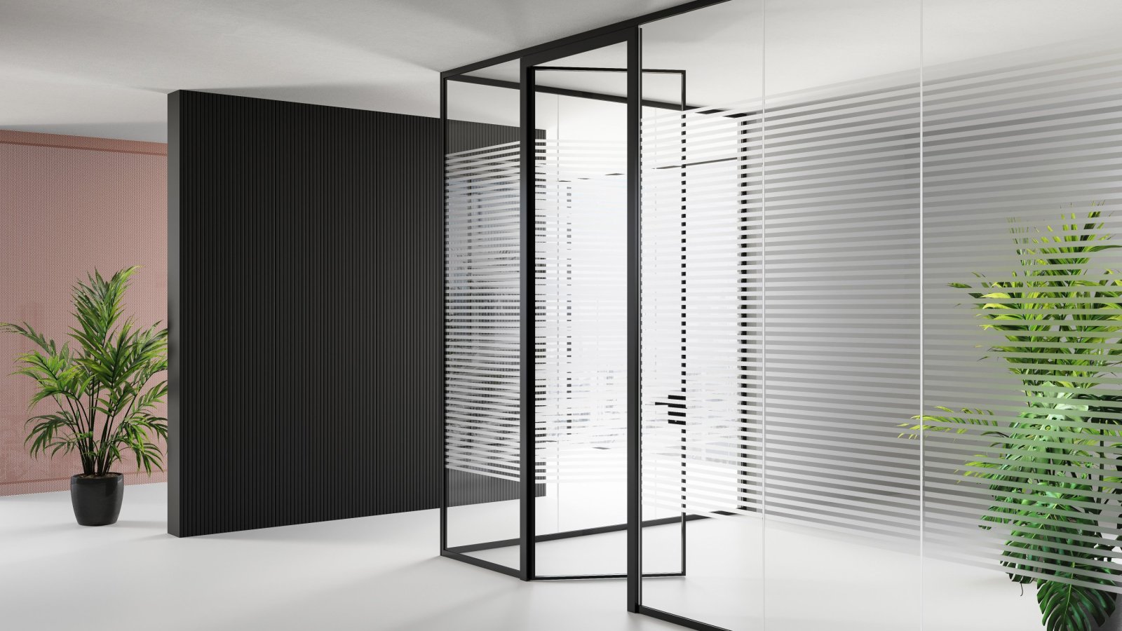 Mood glass partition walls by Las Mobili dividing a bright open-plan office