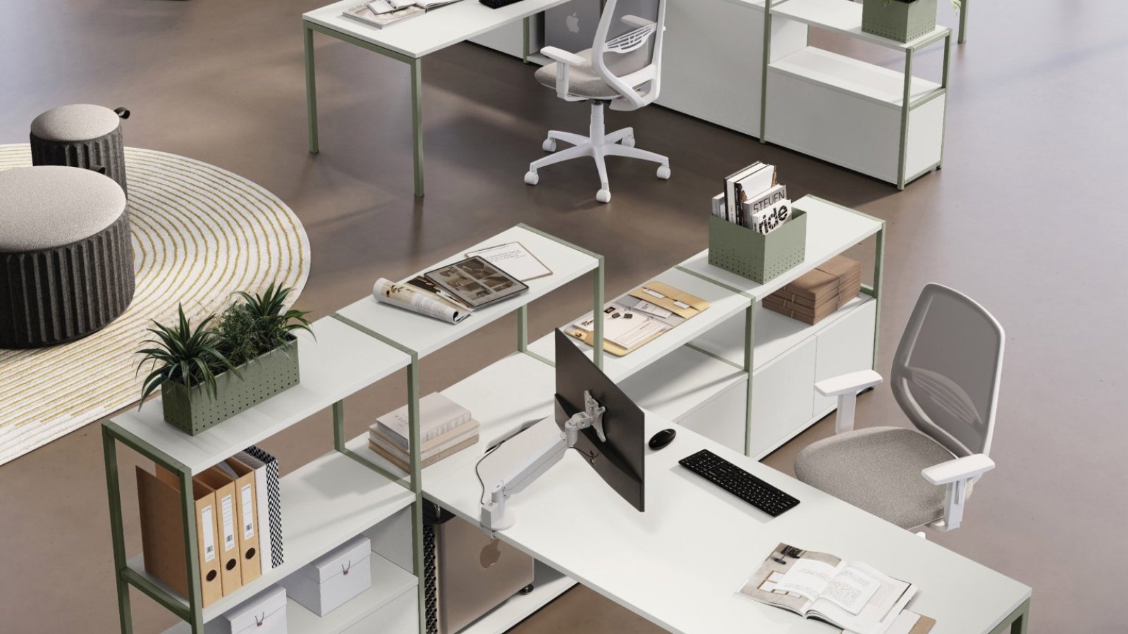 Sigma workstation system by Las Mobili with bench desks on square steel legs