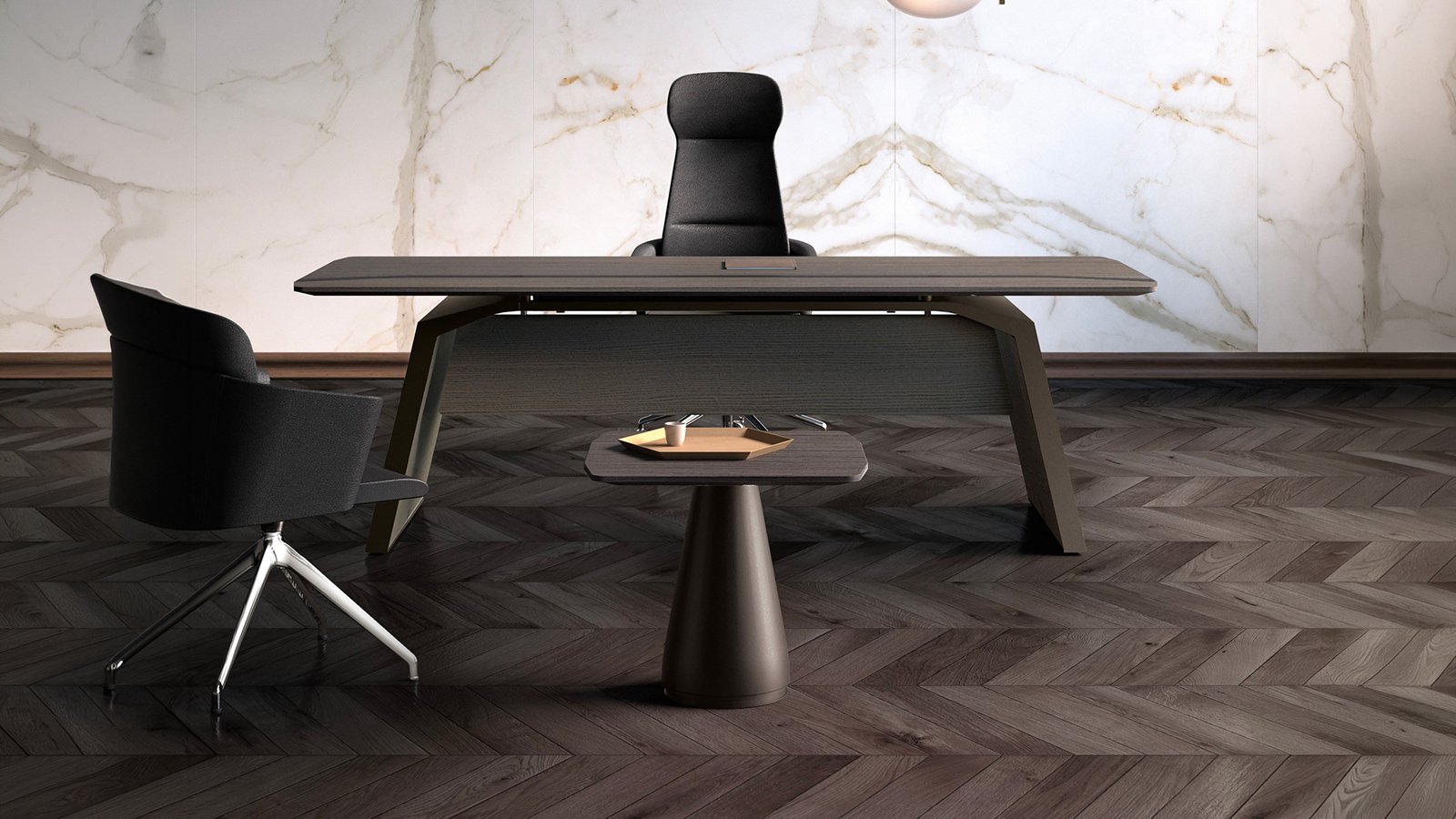 Metar director desk by Bralco with panelled wall behind