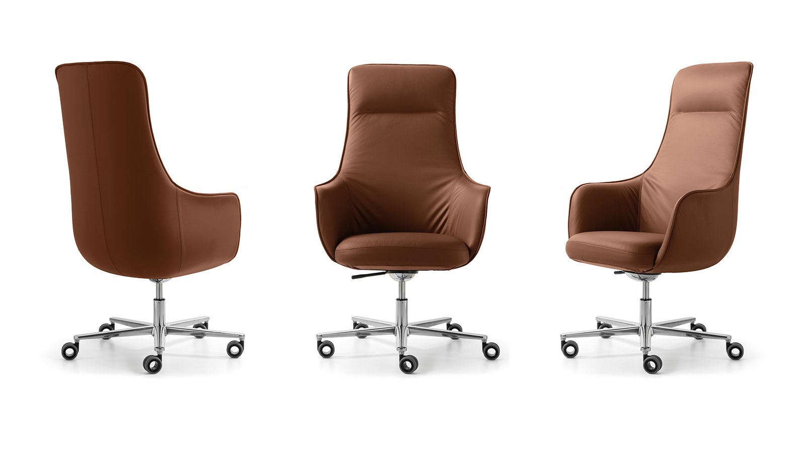 Not Guilty boss chair, high back, placed at a dark teak desk in a cabin