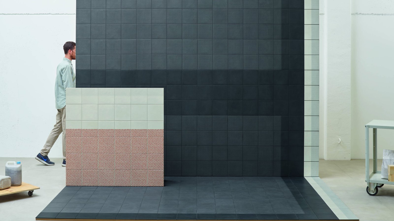 Tape by Mutina with mixed graphic patterns laid in glazed porcelain stoneware