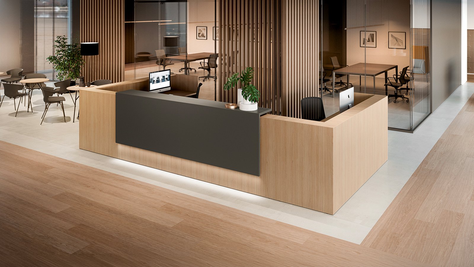 Z2 modular reception counter by Quadrifoglio in a corporate atrium