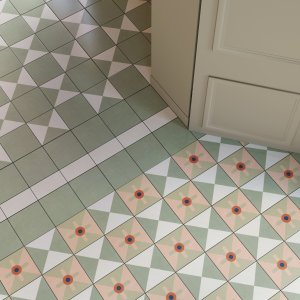 Courtyard-style floor of mixed Mattonelle Margherita patterns by Mutina