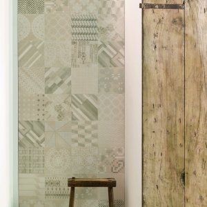 Patchwork wall in Azulej Grigio combination tiles by Mutina