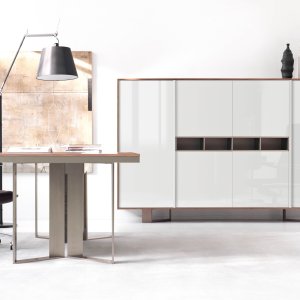 Lloyd desk in Eucalyptus veneer with integrated suspended drawer unit