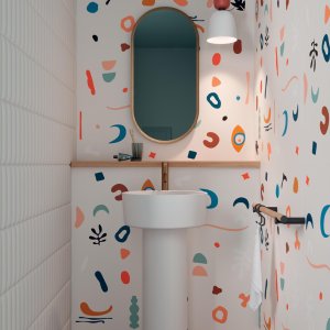 Shower wall in Paper41 with neutral silicone at the tray