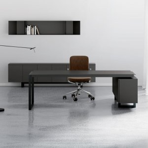 Modern office tables Ellan by Archiutti with light oak top and white iron frame