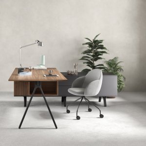 Designer office tables Lay by Archiutti with light grey tops and red frame