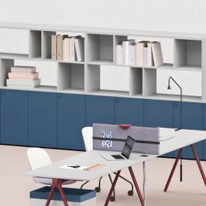 Archiutti Lay bookcase on a bench with open compartments and hinged doors