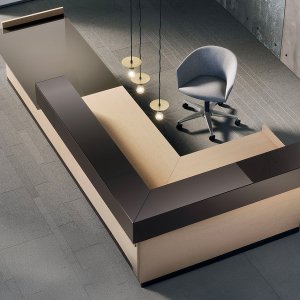 Toki modular reception counter by Archiutti with raised unit in metallic brown