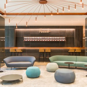 Fabric-covered Colina in the waiting area
