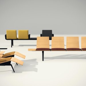 Pausit bench by Arper configured with four units in an office reception