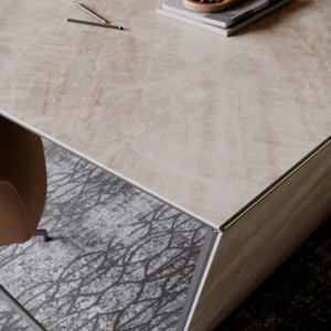 Matt black open-pore elm Nasdaq desk