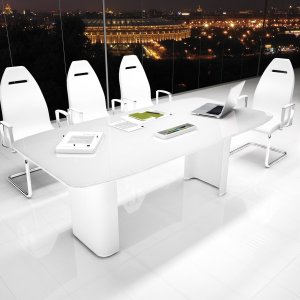 Round AlfaOmega meeting table for six on a single leather-covered column