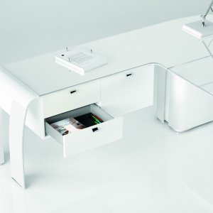 Alfa desk by Codutti in white lacquered glass with carbon leather legs