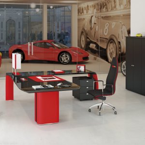 Oval AlfaOmega boardroom table for eighteen on four leather-covered columns