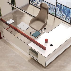 Cloud desk with lateral cabinet, 260 × 210 cm version