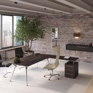 Codutti Genesis desk with saddle-stitched cream leather top