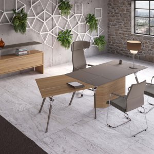 Square Genesis meeting table with glass top and four polished legs
