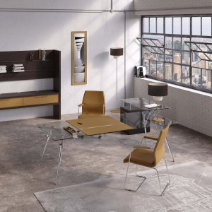 Genesis executive desk with natural oak top and polished aluminium band