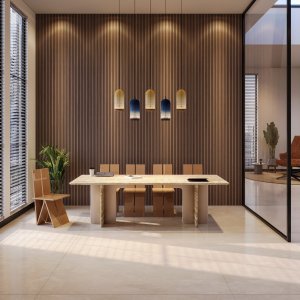 Conference table Ginza by Codutti with a Roman travertine top in a boardroom