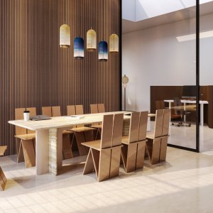 Ginza Tower by Codutti: a 145 cm chest with seven push-pull drawers beside the conference table