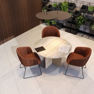 Overhead view of the Ginza travertine conference table set for six