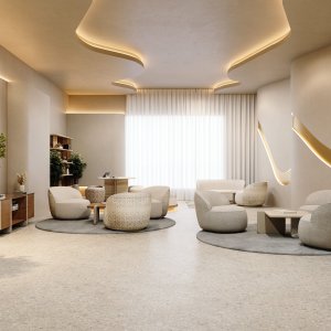 Roman travertine surface of the Ginza conference table seen up close
