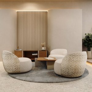 Ginza round table with three armchairs, travertine top and lacquered panel