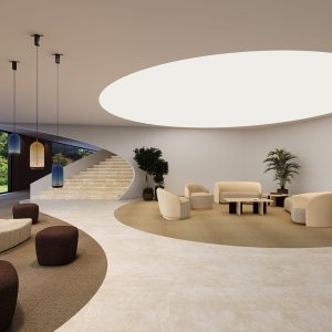 Base of the Ginza table: one travertine panel and one lacquered panel set off-centre